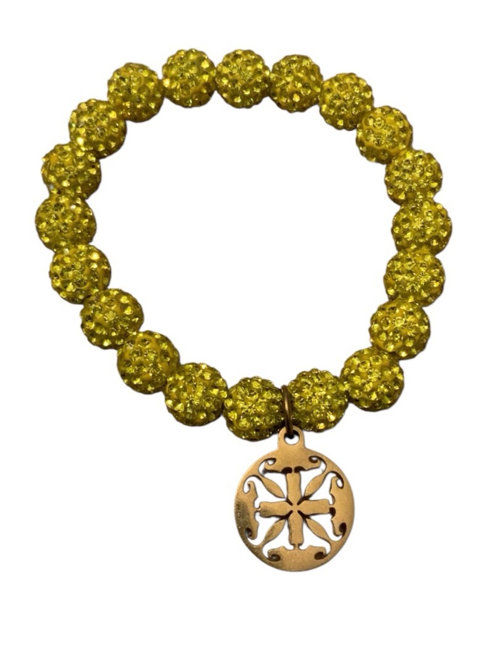 Rustic Cuff Yellowish Green Crystal Bead Bracelet with Gold Shamballa Charm